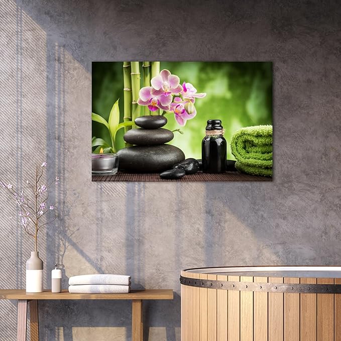 GUTTATY Zen Wall Art Decor, Modern Bathroom Zen Decor Wall Art, Canvas Wall Art for SPA Zen Room Decor, Green Bamboo and Pebble Relaxing Art Prints for Office & SPA Wall Decor 18x24 Inches