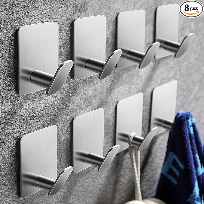 DELITON Towel Hooks for Bathrooms - 8 Pack Adhesive Wall Hooks for Hanging Robe Coat Stick on Hook No Damage SUS 304 Stainless Steel, Silver