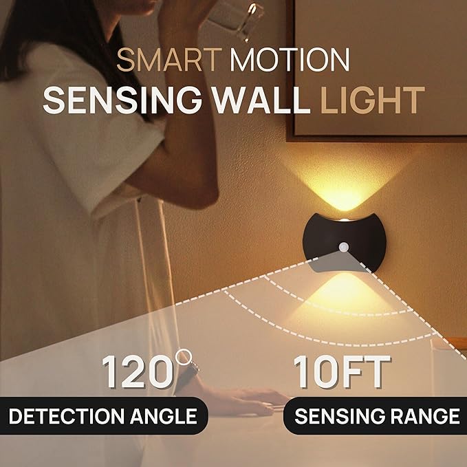 Battery Operated Wall Sconces Set of Two, Rechargeable Wireless LED Wall Lights — Motion Sensor, No Drill Magnetic Mount, 3 Modes, for Bedroom Hallway Stairs, Black