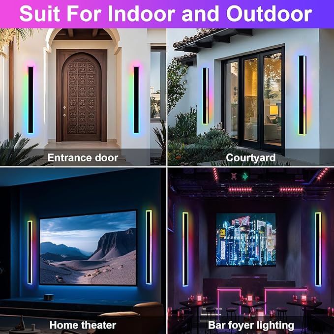 Outdoor Modern Wall Lights for Porch,2 Pack RGB Long Outdoor LED Wall Lights,48 inch Long Linear Outside Light Fixture,Dimmable Outside Wall Light for House,Enterway,Garage with Control Remote