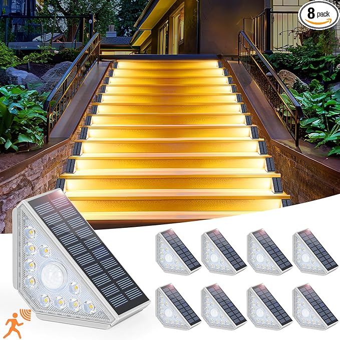 Motion Sensor Solar Stair Lights Outdoor, 8-Pack Super Bright LED Solar Powered Step Lights for Outside, 550LM IP67 Waterproof Outdoor Sensor Lights for Stair Porch Yard Deck, Warm White