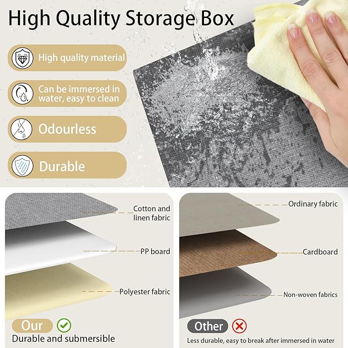 Yawinhe Collapsible Storage Bin, Cube Organizer Basket, Fabric Box with Lids, Washable and Leather Handle, for Home, Closet, Grey, 15.0''Lx9.8''Wx9.8''H, 7-Pack, USNK024GL-7