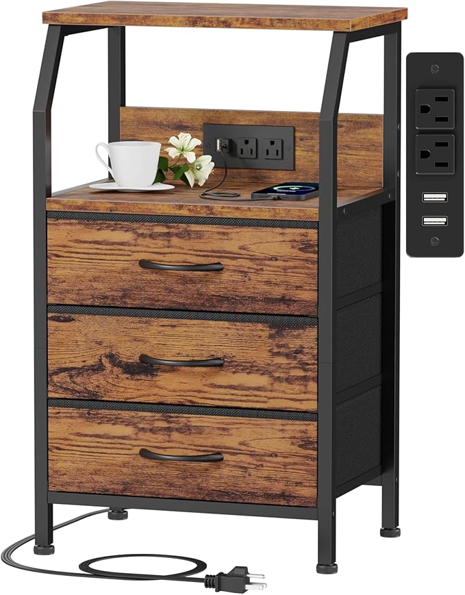 Furnulem Night Stand with Charging Station, USB Ports and Outlets, 28.3 Inch Tall Bedside Table with Wood Shelf, 3 Fabric Drawers Side Table for Bedroom, 3 Ways to Use, Rustic Brown