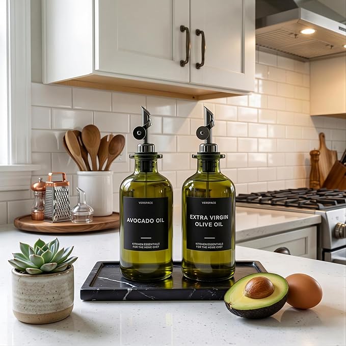Verspace UV-Protected Green Glass Olive Oil Dispenser Bottles For Kitchen - Includes 40 Kitchen Essential Labels, Avocado Oil Dispenser Set, Modern Decor for Home, Airbnb, Cafe Set of 2