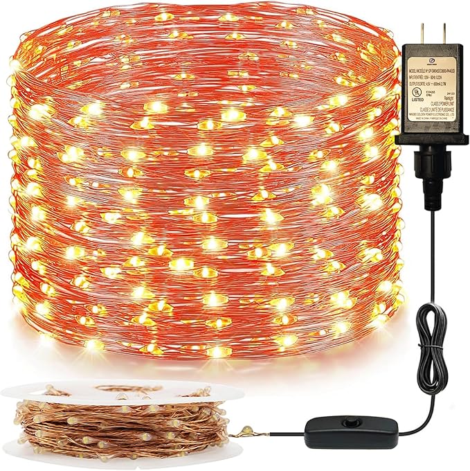 RUICHEN Plug in Fairy String Lights with Switch, Waterproof 66 Ft 200 LED Copper Wire Firefly Lights for Christmas, Parties, Wedding, Ceiling, Craft, Vases, Orange