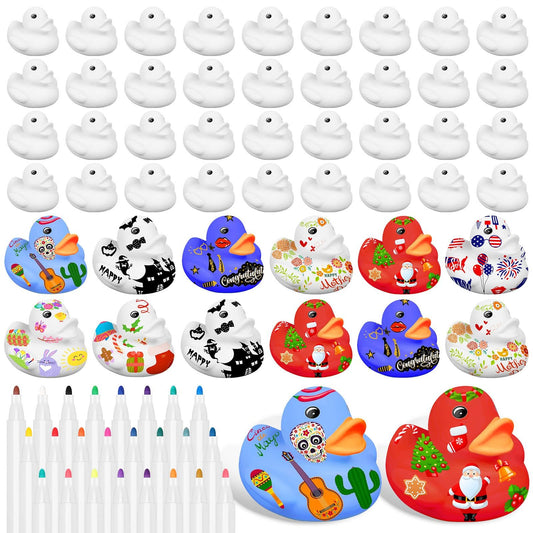 50 Pcs 2 Inch White Blank Rubber Ducks in Bulk DIY Fall Halloween Ducks with Pens of 24 Colors Float Squeak Funny for Pool Bathtub Float Cute Ducks Birthday Gift Baby Activities Themed Party Favor
