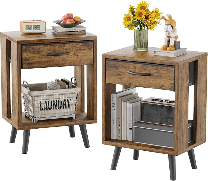 GYIIYUO Nightstand Set of 2 with Fabric Drawers and Open Shelves - Rustic Bedroom Side Tables