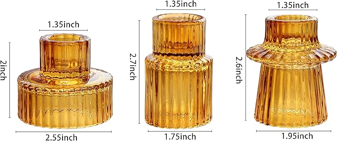 Vixdonos Taper Glass Candlestick Holders Tealight Candle Holders for Table Centerpieces, Wedding Decor and Dinner Party (3 Pcs, Amber)