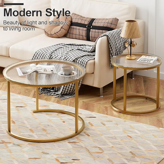 aboxoo Nesting Coffee Table Set of 2, Small Round Glass Nesting Tables for Living Room Bedroom, Accent Tea Table with Gold Metal Frame Modern Industrial Simple