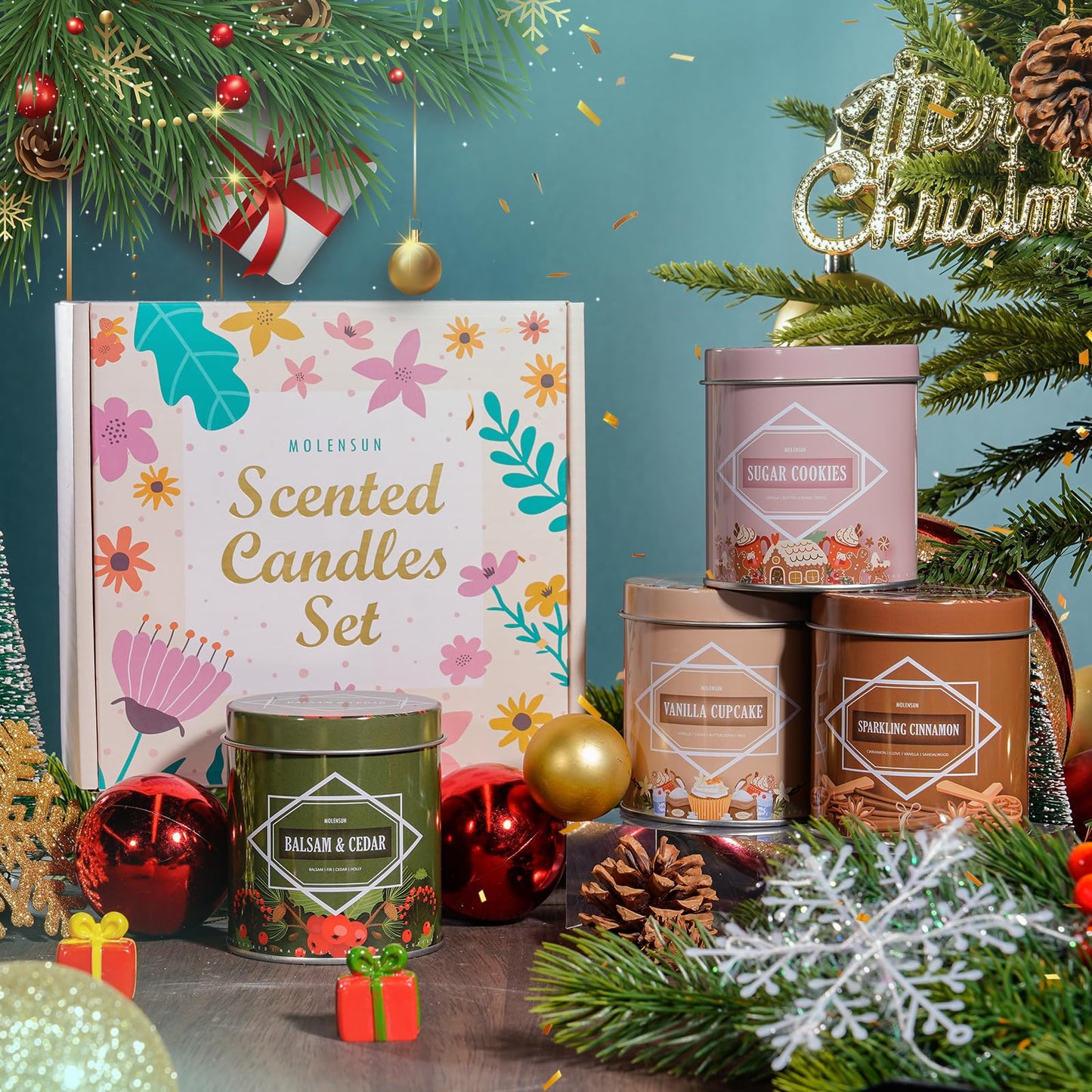 Scented Candle Set, Winter Scented Candles for Home, Holiday Candle Gifts for Women Men, 4 Pack 36oz Soy Candles, Winter Scents of Balsam Cedar/Sugar Cookies/Vanilla Cupcake/Sparkling Cinnamon