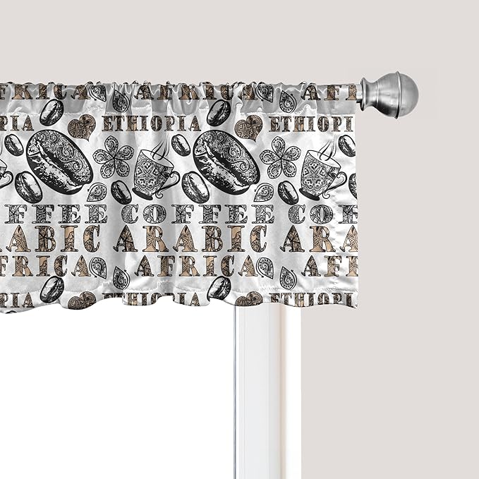 Ambesonne Modern Window Valance Pack of 2, Coffee Beans with Ornamental Words Ethiopians Pattern, Rod Pocket Curtain Valances for Kitchen Bedroom, 42" X 18", Sand Brown Black