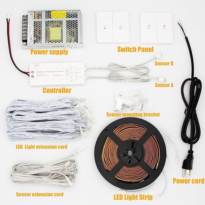 Wall Switch Control and Motion Sensor LED Stair Lighting Kit RW-5620, 60 Inches Long Cuttable LED Light for Indoor LED Stair Lights (Cool White 6000K, 16 Stairs)