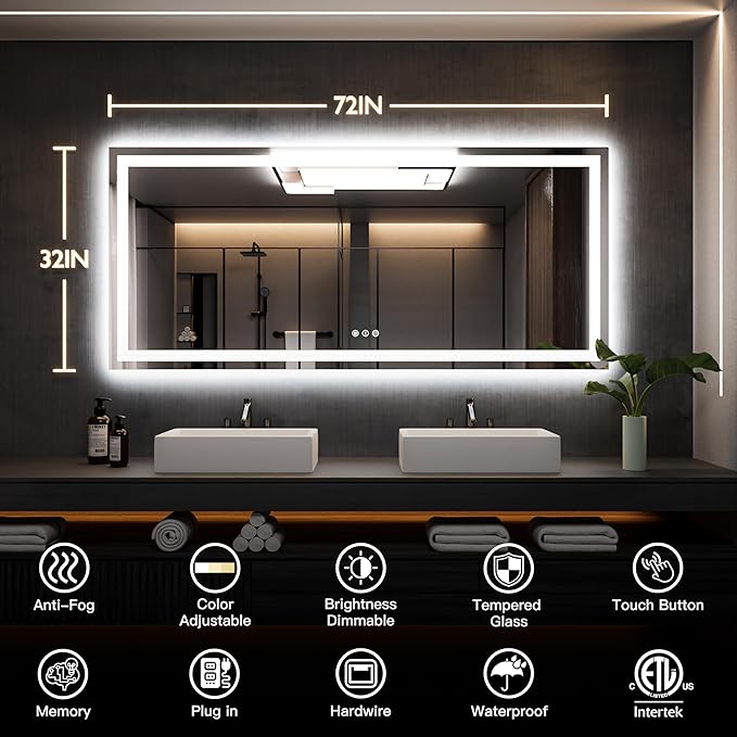 ISKM 72'' x 32'' LED Mirror for Bathroom Lighted Vanity Mirror for Wall Front Lights + Backlit LED Bathroom Mirror Anti-Fog Tempered Glass ETL Listed