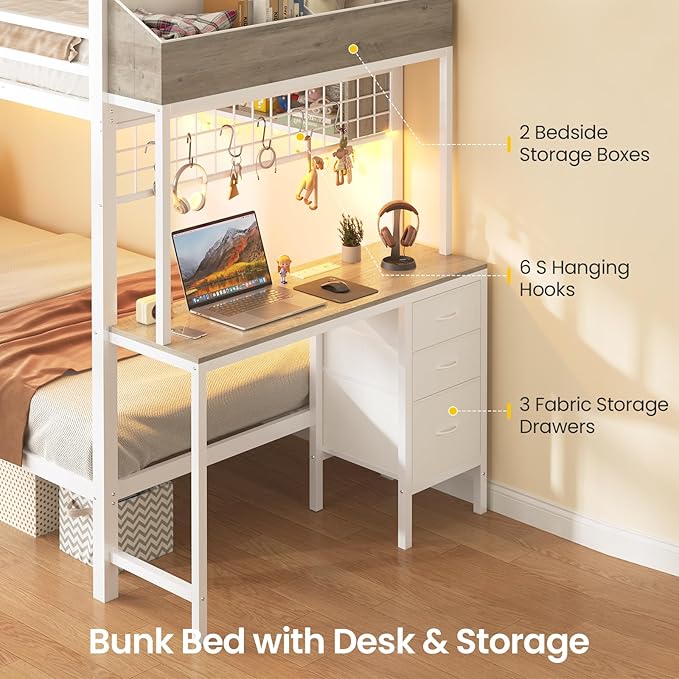 VIAGDO Bunk Bed Twin Over Twin with Charging Station and LED Lights, Heavy Duty Metal Bunk Bed with Desk and 3 Storage Drawers, Utility Storage Shelf and Boxes, No Box Spring Needed, White