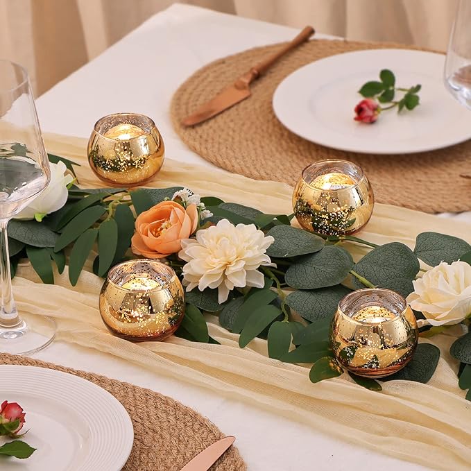 Volens 24PCS Gold Votive Candle Holders for Table Centerpieces, Round Mercury Glass Candle Holders Bulk for Wedding, Birthday, Anniversary, Parties, and Holiday Decorations