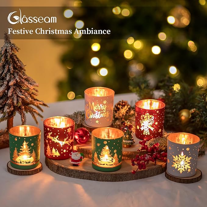 Glasseam Christmas Votive Candle Holders: Glass Tealight Candle Holder Set of 6 Tea Candle Holder for Jar Candles Red Green White Candle Holders for Table Centerpiece Home Xmas Party Decorations Gifts