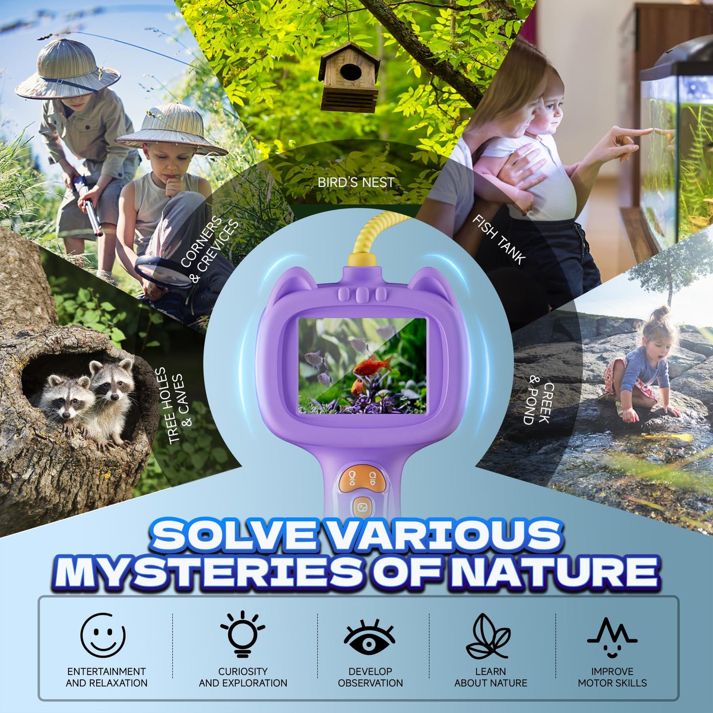 Borescope Snake Camera with Light for Kids，STEM Endoscope Educational Toy Kit，Outdoor Camping Nature Science Exploration Hoilday Birthday Gift for Boys & Girls Ages 3+ Years Old (Purple)