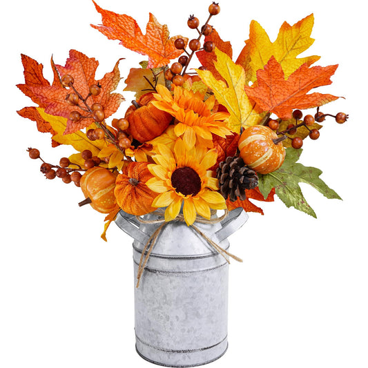 Winlyn 15" Farmhouse Fall Floral Arrangement in Vintage Galvanized Milk Can Orange Artificial Pumpkin Sunflower Berry Pinecone and Maple Leaf Picks for Autumn Thanksgiving Harvest Table Centerpiece"