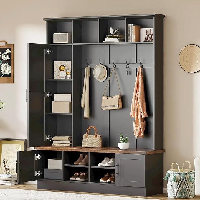 Versatile 3-in-1 Hall Tree with 6 Hooks, Farmhouse Walnut Storage Bench with Adjustable Shelves, 55" W Entryway Coat Rack with Multiple Storage Space for Mudroom, Living Room (Black-7)
