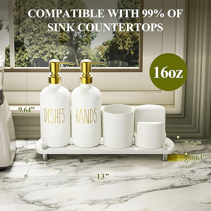 Cisily Gold Kitchen Soap Dispenser Set with Ceramics Sponge Holder and Brush Holder, Gold Pumps, and Instant Dry Tray, Hand and Dish Soap Dispenser Set Suitable for Kitchen Decor and Accessories