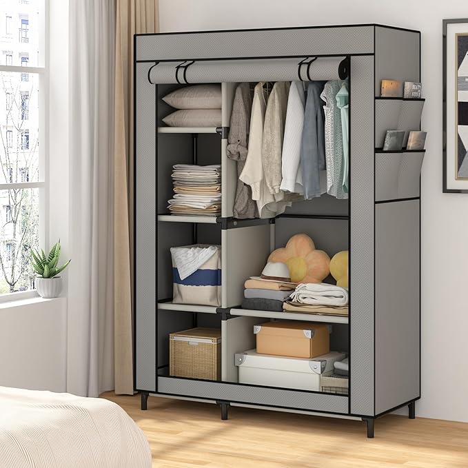 Calmootey Portable Closet Organizers, Clothing Storage, Wardrobe with 6 Shelves and Hanging Rod, Non-Woven Fabric Cover with 4 Side Pockets, Grey