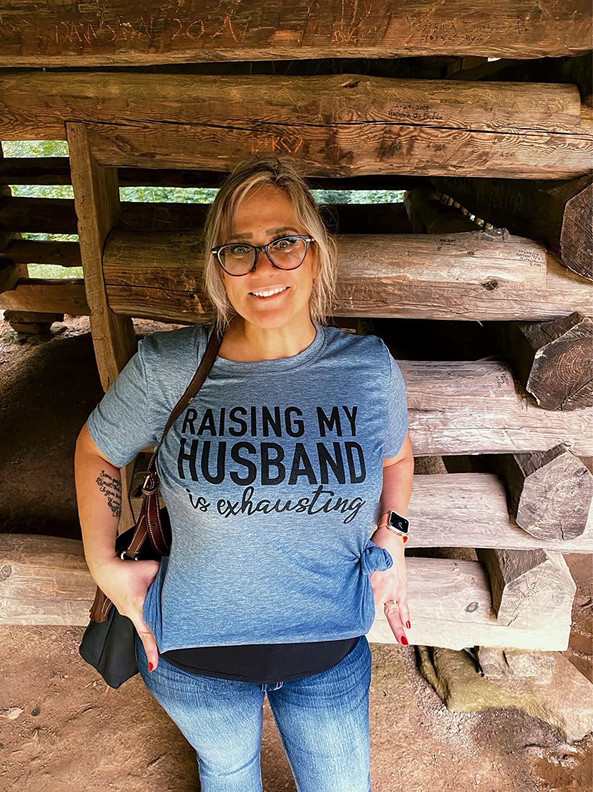 Raising My Husband is Exhausting Funny Wife Life Shirt Women's Funny Saying Letter Print Graphic Tee Athletic Casual Cotton Short Sleeve Tshirt Cute Mom Tops(Blue,L)
