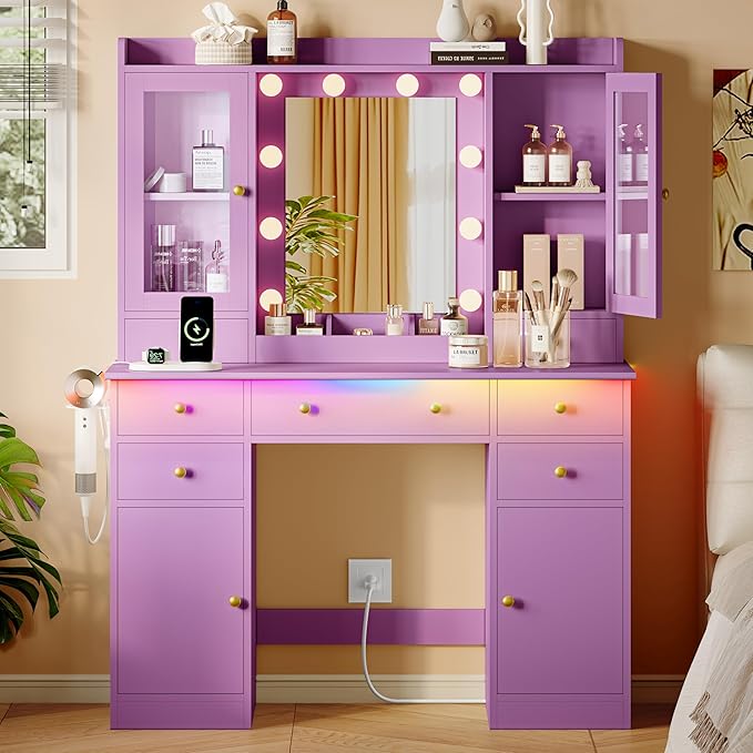 Makeup Vanity Desk with Mirror and Lights, Purple Vanity Table Set with Storage Drawers, Charging Station & Cabinets, Large Dressing Table with RGB Ambient Light for Women Girls Bedroom Bathroom