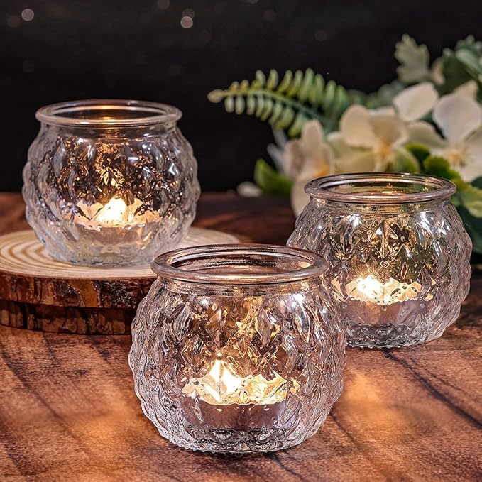 DARJEN Clear Votive Candle Holders Set of 24- Round Glass Candle Holders Bulk for Tea Light Candle, Diamond Texture Candle Votives for Wedding Centerpiece, Living Room & Home Table Decor