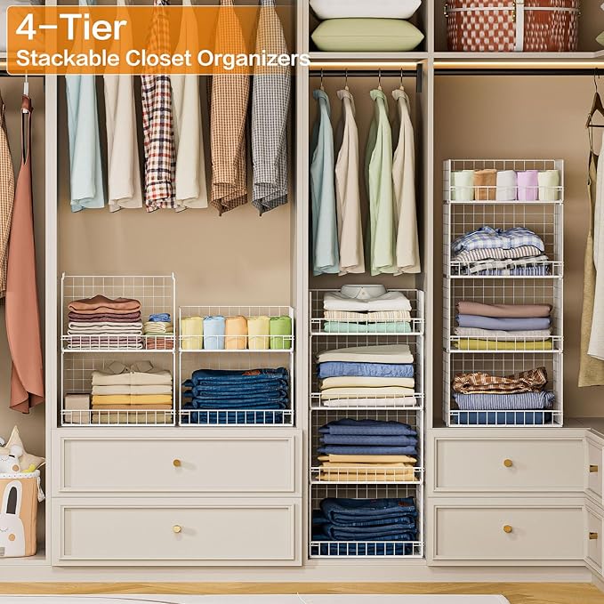 Yociyoga 4 Tier Stackable Closet Organizers and Storage Shelves, Foldable Closet Shelf Organizer System, Stackable Storage Bins Drawers for Clothes Organizer System, White(Patent Pending)