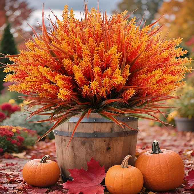 Geegoods Artificial Plants Flowers Outdoor – Faux Lavender Flowers with Monkey Grass UV Resistant Plastic Faux Plants for Garden Porch Window Patio Hanging Planter Home Decor (Autumn-Orange, 48PCS)
