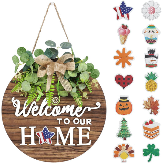 12 Inch Patriotic Wreaths for Front Door 4th of July Wreath Wooden Welcome Sign Wreath for Front Door Independence Memorial Day Decorations Round Outdoor Door Hanger for Porch Wall Window Home Decor
