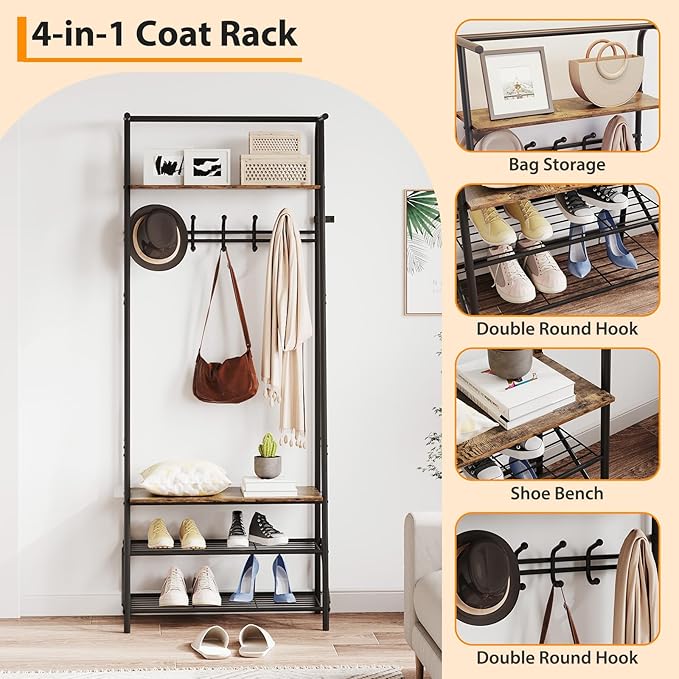 Coat Rack Hall Tree with Shoe Storage Bench, 4-in-1 Entryway Organizer, 5 Hooks & 3-Tier Shoe Rack, Freestanding Metal Frame for Hallway, Front Door