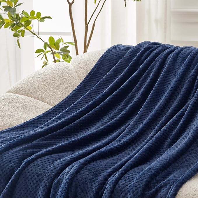 Exclusivo Mezcla Fleece Bed Blanket Queen Size, Super Soft and Warm Blankets for Couch, Sofa and Bed Waffle Textured, Cozy, Fuzzy and Lightweight (Navy Blue, 90x90 Inches)