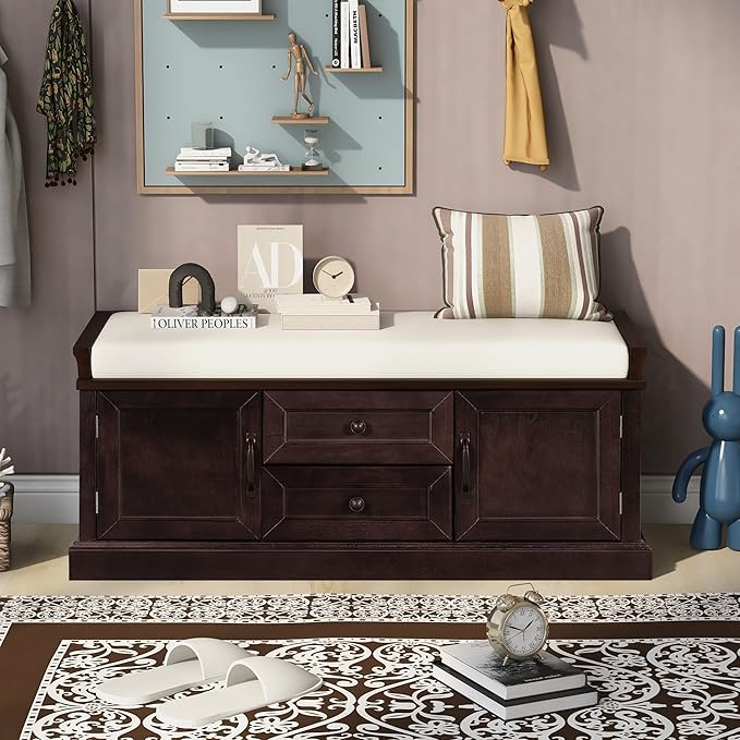 Merax Classic Wood Entryway Bench with Drawers and Seat Cushion for Hallway Front Door Espresso