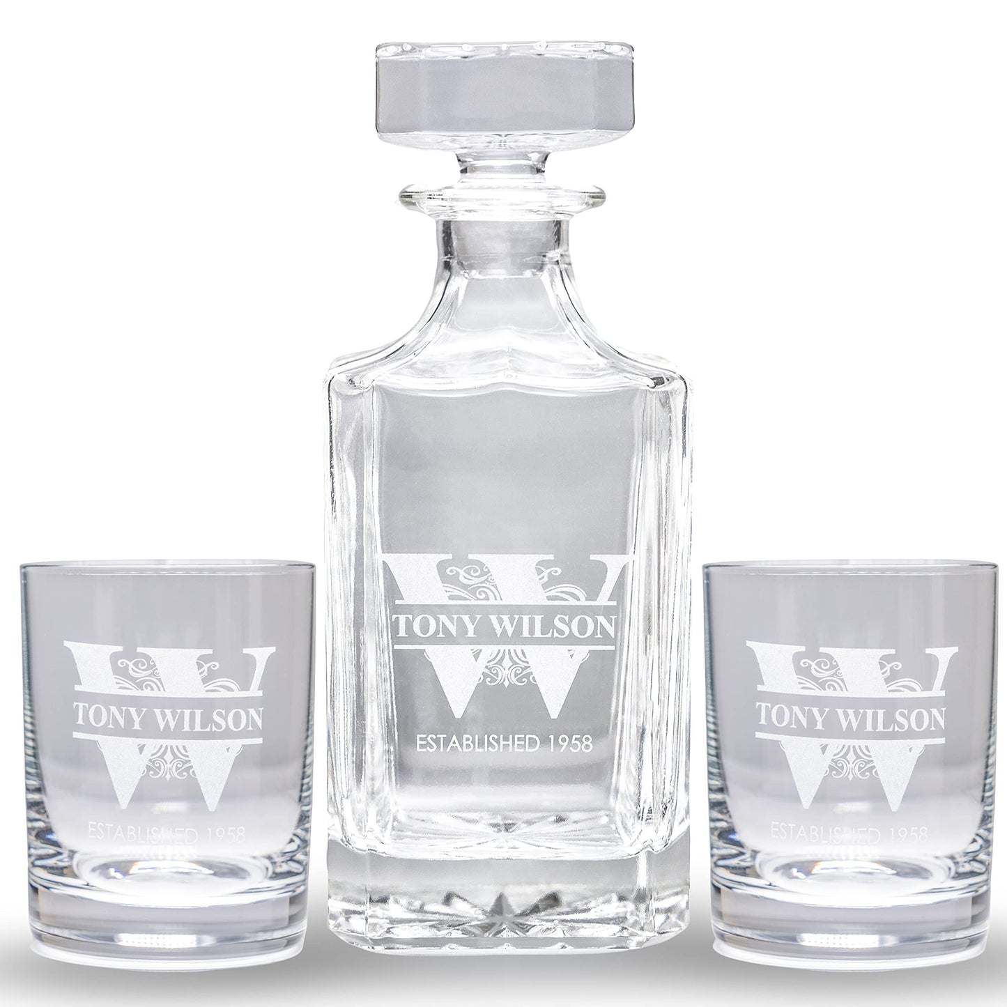 Gifts Inscribed Personalized Whiskey Decanter Set - Engraved Whiskey Decanter Bottle & Set of 2 Custom Drinking Glasses Laser Etched - Customized Whisky Gift for Wedding, Birthday, Fathers Day