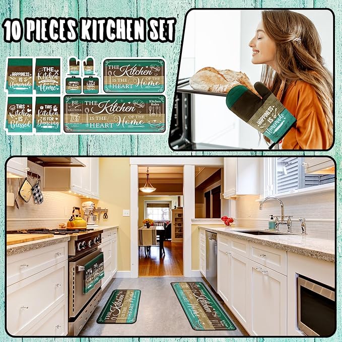 Fourluoo 10 Pcs Farmhouse Kitchen Decor and Accessories Set 4 Kitchen Towels 2 Pot Holders 2 Oven Mitts 2 Rugs for Cooking Baking Mom Housewarming Gifts(Green,Classic Style)