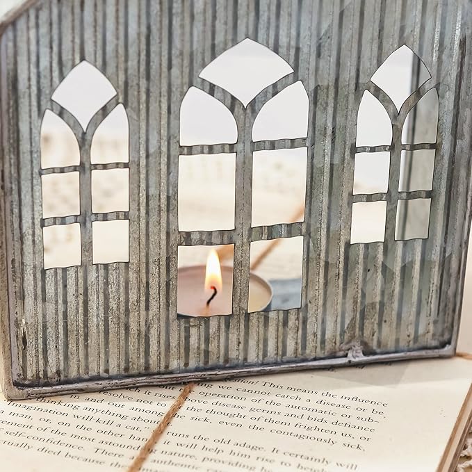 Church Shaped Tea Light Candle Holder Farmhouse Galvanized Metal Candle Holder Vintage Decorative Tealight Holder for Table Centerpiece Decoration - 5.51" x 2.36" x 12.8"
