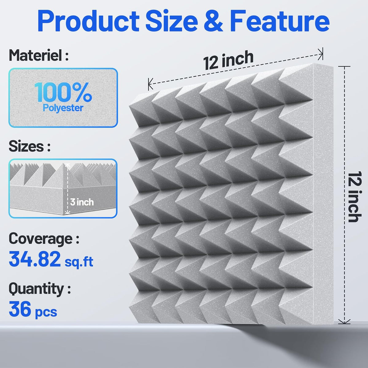36 Pack Pyramid Sound Proof Foam Panels for Walls with Updated Self-Adhesive 3"X12"X12" High Density Acoustic Panels Sound Absorbing Fast-Expanding Soundproof Wall Panels for Gaming Studio Decor- Gray