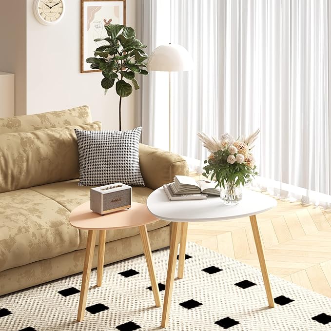 BAMEOS Bamboo Nesting Triangle End Table,Set of 2 Coffee Table Modern Minimalist Side Table for Living Room (White & Pink)
