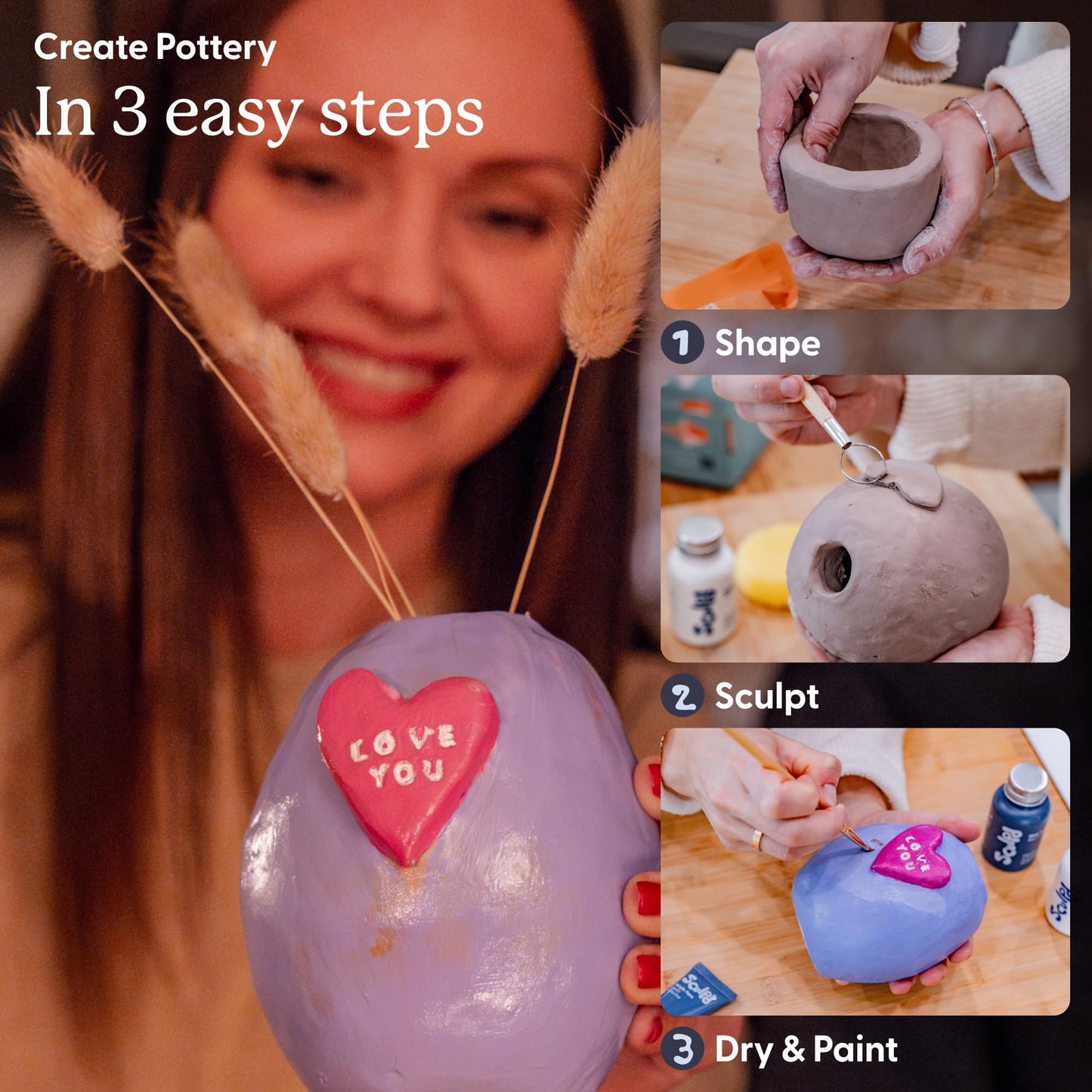 Sculpd - The Original Pottery Kit for Adults - Air Dry Clay for Adults, Tools, Varnish, Brushes, Mother's Day Activities, Arts & Crafts Set, Matte Varnish