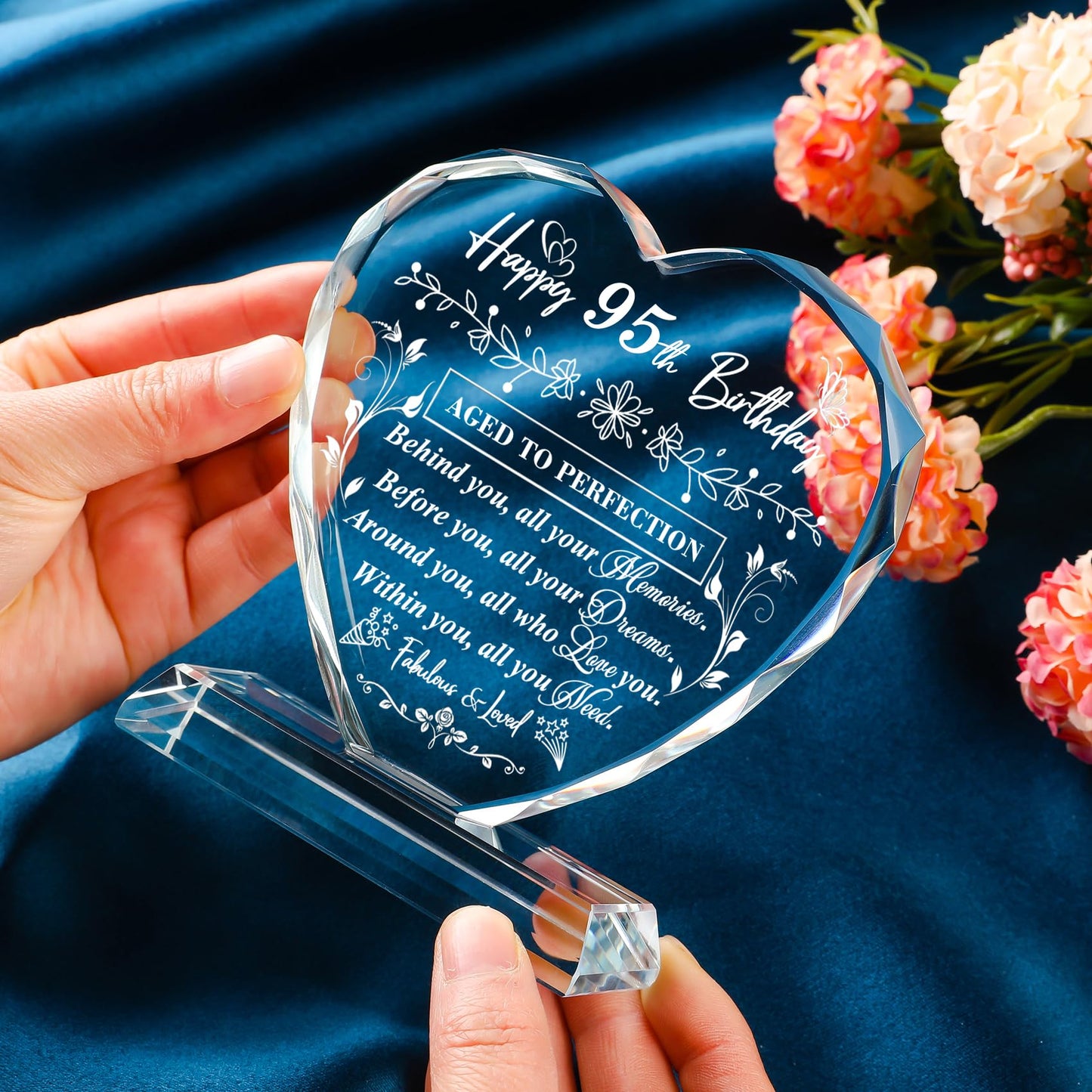 QIANRUNA 95th Birthday Gifts for Women Men, Laser Glass Heart 95th Birthday Decorations Ideas, Happy Birthday Gifts for 95 Year Old Parents Grandparents Husband Wife Mom Dad Friend