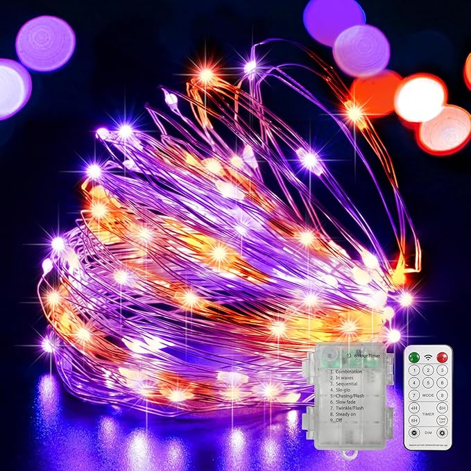 33Ft 100 LED String Lights, Orange & Purple Fairy Lights Battery Operated with Remote, Waterproof Twinkle Lights for Home Party Ghost Haunted House Indoor Outdoor Halloween Decorations