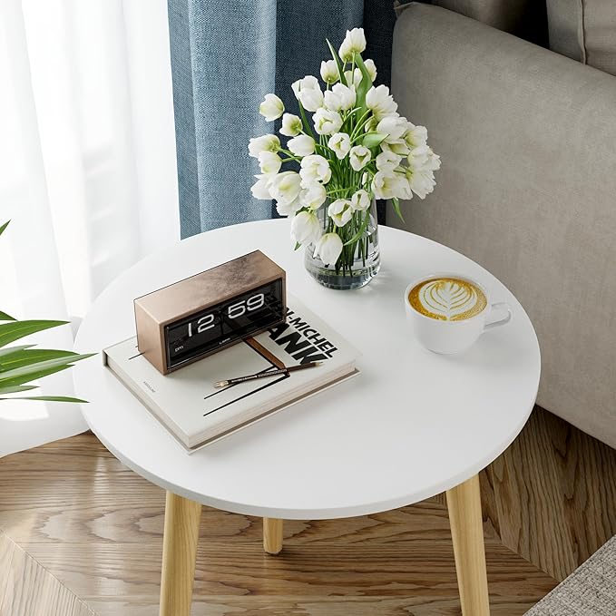 Apicizon Round Side Table, White Bedside Table Coffee End Table for Bedroom, Living Room, Small Spaces, Easy Assembly Nightstands with Natural Wood Legs, 16.5 x 20.5 Inches