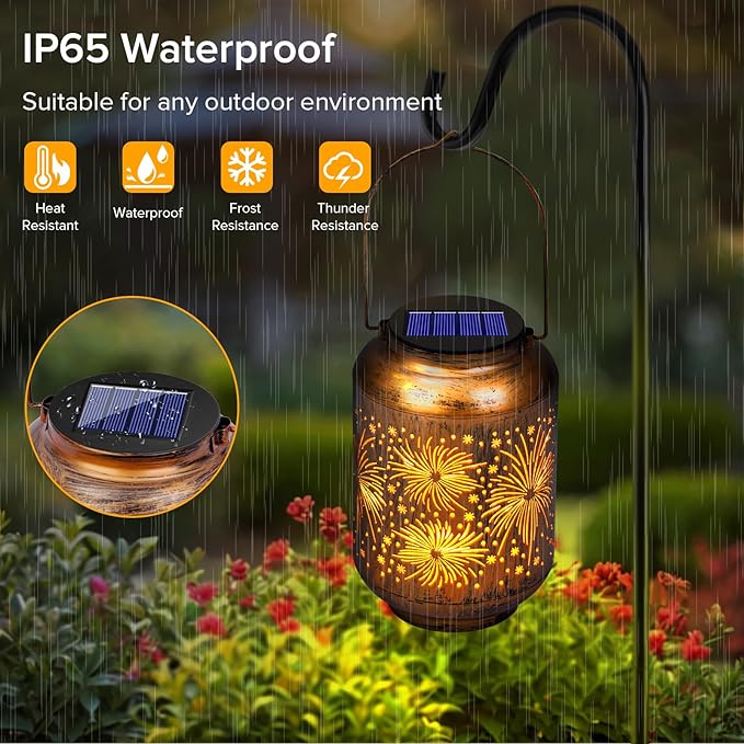 Solar Lanterns Outdoor Waterproof - Hummingbird Solar Lights for Garden, Hanging Metal Lantern Decor for Patio, Yard - Christmas Mothers Day Gifts for Women, Mom, Grandma (Fireworks, 1)