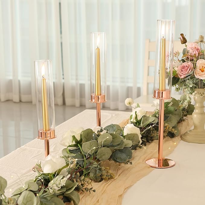 Hurricane Candle Holders Set of 6 Metal Candlestick Holder for Glass Taper Tall Candle Holders with Crystal Chimney Tube Candles Stands for Home Decor, Christmas, Dinning (6, Rose Gold)