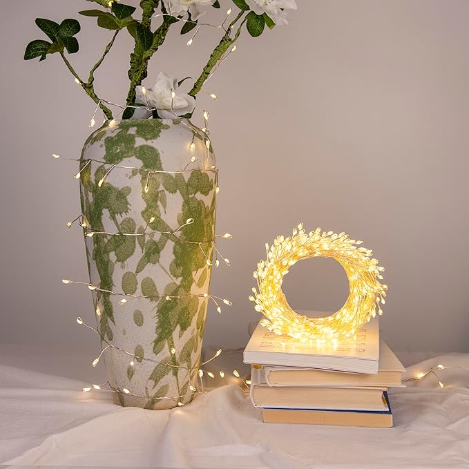 Fairy Lights Plug in, 100FT 1000LED Firecracker String Lights Waterproof Silver Wire, for Bedroom/DIY/Party/Garden/Porch/Patio/Backyard/Christmas Tree, with Remote Timer & 8 Modes, Warm White