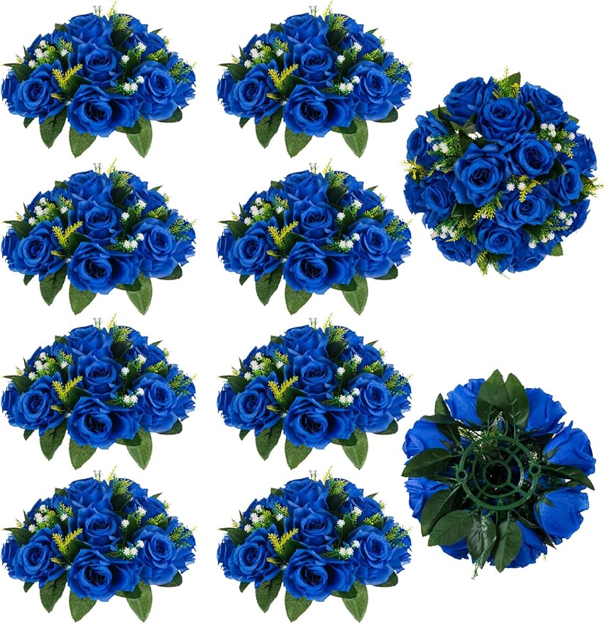 BLOSMON Royal Blue Flowers for Decoration: 10 Pcs Fake Roses Kissing Balls for Wedding Table Centerpieces - Artificial Floral Arrangements Home Baby Shower Birthday Party DIY Decor