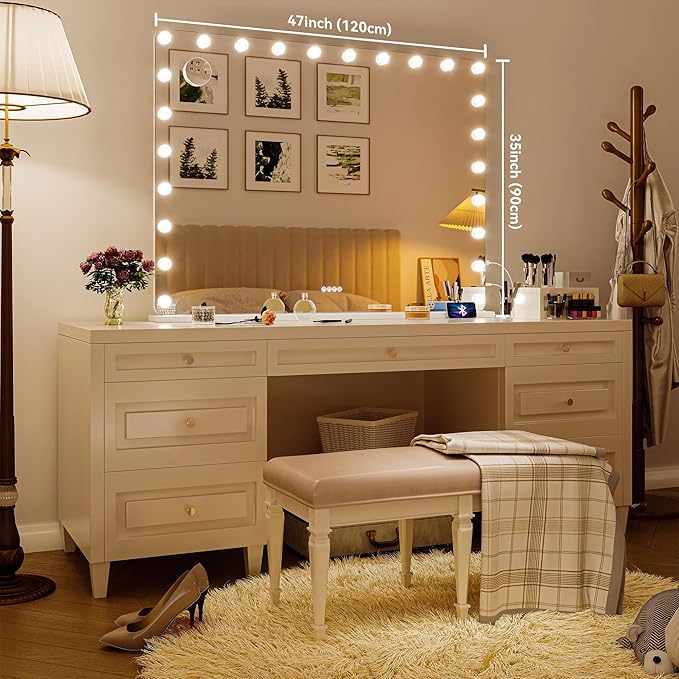 Hasipu LED Makeup Mirror with Bluetooth Speaker, 47" x 35" Makeup Mirror with Lights and Magnification, Hollywood Mirror with 3 Color Modes, LED Make up Mirror with USB & Type-C Charging