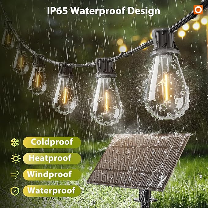 addlon 104FT(96FT+8) Solar String Lights Outdoor Waterproof with USB Port & Remote Control Solar Patio Lights for Outside Solar Powered with 52 LED Dimmable Bulbs for Porch Garden Deck Halloween