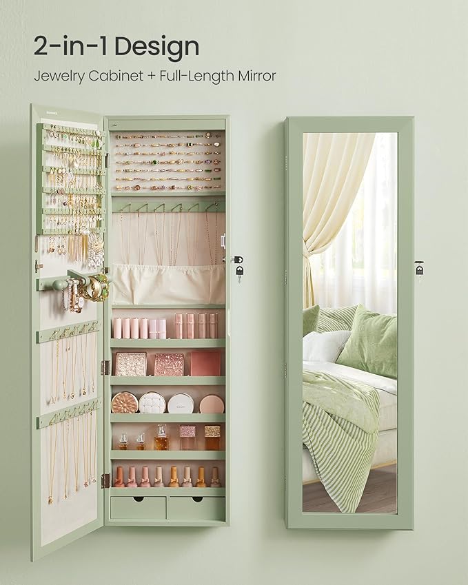 SONGMICS 6 LEDs Mirror Jewelry Cabinet, 47.2-Inch Tall Lockable Wall or Door Mounted Jewelry Armoire Organizer with Mirror, 2 Drawers, Christmas Gift, 3.9 x 14.6 x 47.2 Inches, Laurel Green